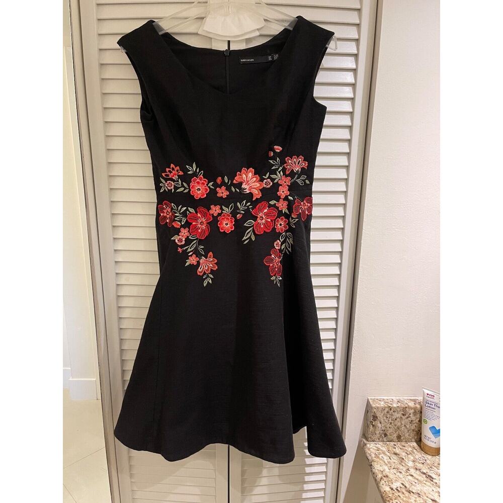 Karen Millen Cotton Blend Women's Dress Fit&Flare Black Embroidered Dress A+